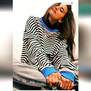 Free People Black & White Striped Sweatshirt with Blue Trim